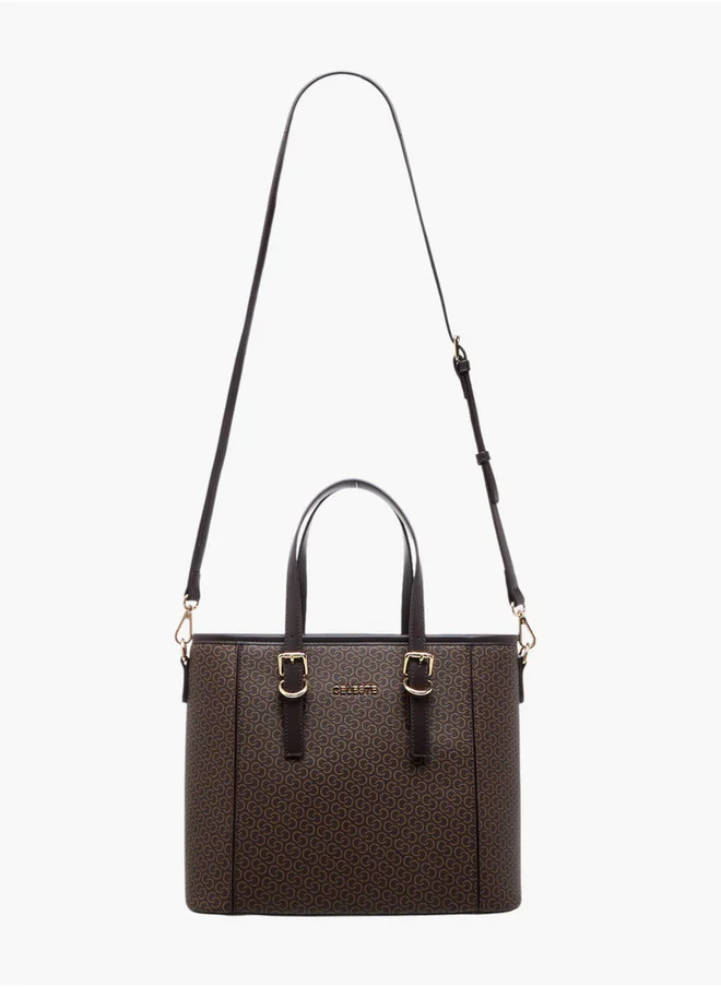 Celeste Women's Monogram Print Tote Bag with Double Handles and Detachable Strap