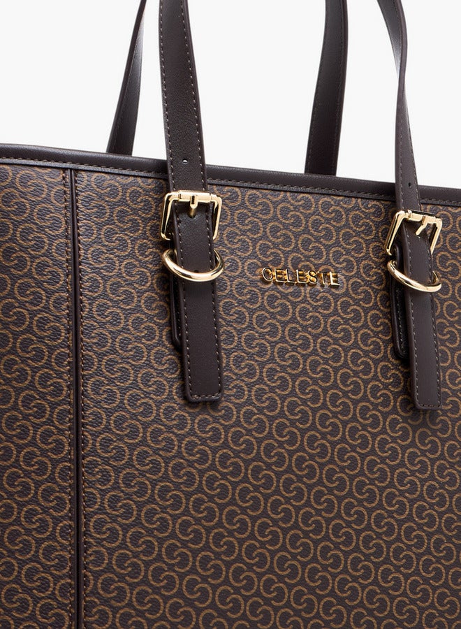 Celeste Women's Monogram Print Tote Bag with Double Handles and Detachable Strap  - Image 4