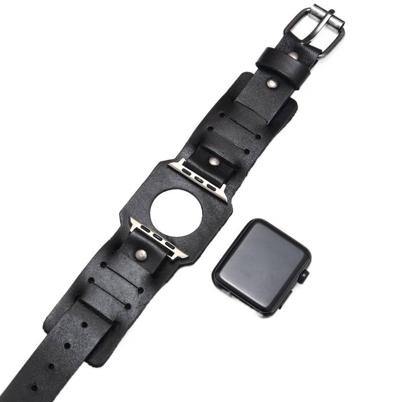 Black Classic Leather Strap Smartwatch Band Compatible with Apple Watch with Adjustable Fit Replacement Strap for Daily Wear - NADI - Image 5