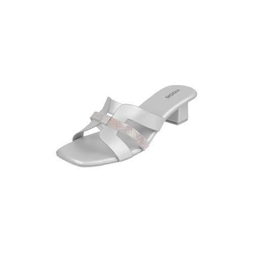Mochi Women Silver Faux Leather Glamorous Strap Block Heel Fashion Slip-on Sandals UK/5 EU/38 (40-276) - Image 1