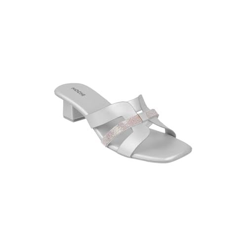 Mochi Women Silver Faux Leather Glamorous Strap Block Heel Fashion Slip-on Sandals UK/5 EU/38 (40-276) - Image 2