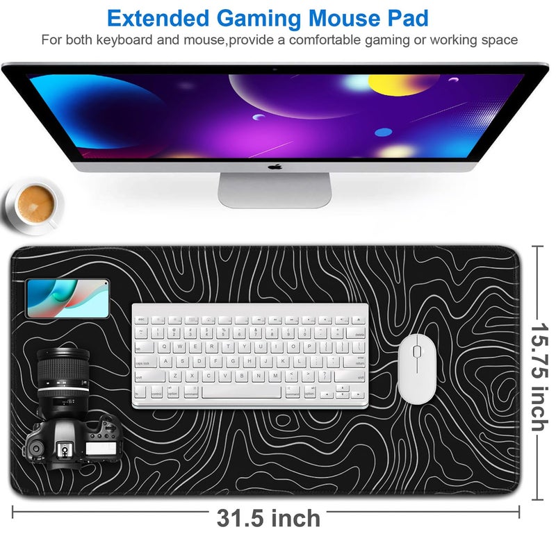 Naukay Large Extended Gaming Mouse Pad, 31.5x15.7 inch Computer Keyboard Mouse Mat, Water Resist Non-Slip Mousepad Rubber Base Long XXL Desk Mouse Pad for Gaming, Office & Home, Black White Lines - Image 2