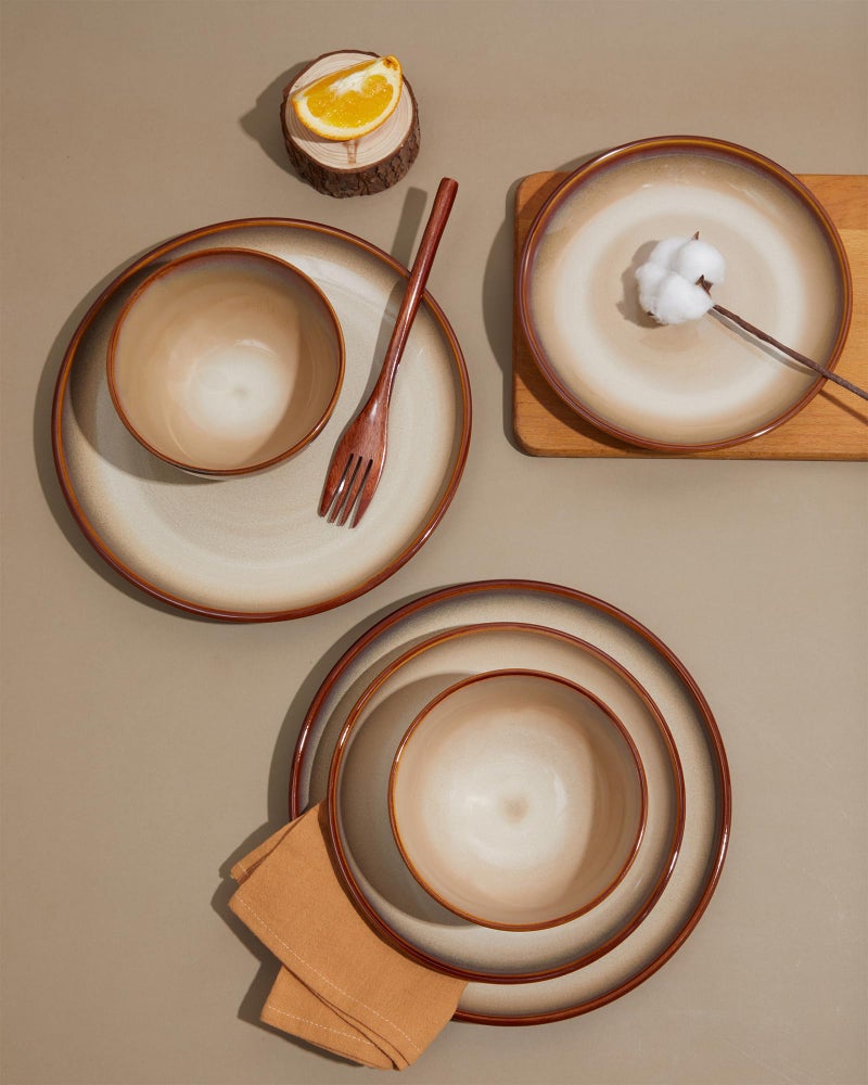 Pokini 16 Piece Double Bowl Plates and Bowls Sets, Ceramic Dinnerware Sets with Pasta Bowls, Dishwasher & Microwave Safe Dish Set, Scratch Resistant Stoneware Plate Set, Service for 4 Brown Yellow - Image 4