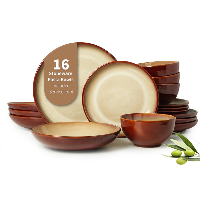 Pokini 16 Piece Double Bowl Plates and Bowls Sets, Ceramic Dinnerware Sets with Pasta Bowls, Dishwasher & Microwave Safe Dish Set, Scratch Resistant Stoneware Plate Set, Service for 4 Brown Yellow - Image 1