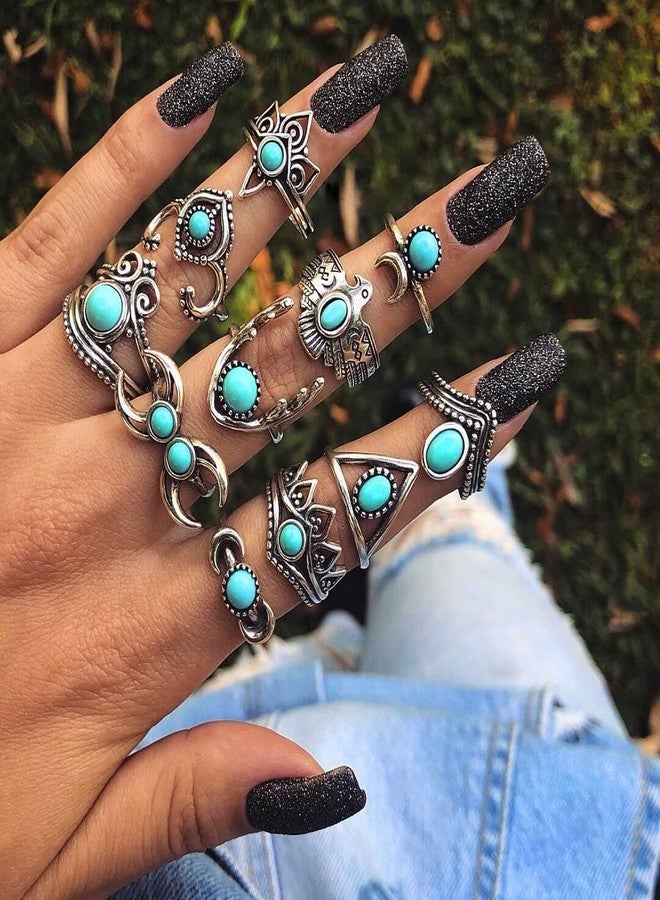 BVGA 40 Pcs Vintage Turquoise Rings for Women Bohemian Silver Oval Gemstone Western Rings Boho Joint Knuckle Midi Stacking Ring Set Gifts - Image 3