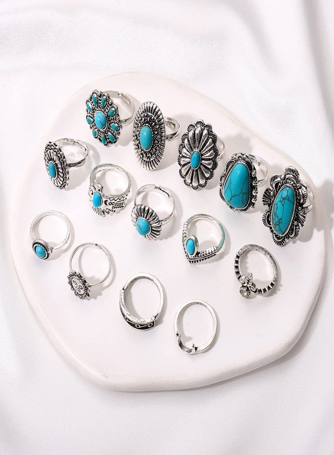 BVGA 40 Pcs Vintage Turquoise Rings for Women Bohemian Silver Oval Gemstone Western Rings Boho Joint Knuckle Midi Stacking Ring Set Gifts - Image 4