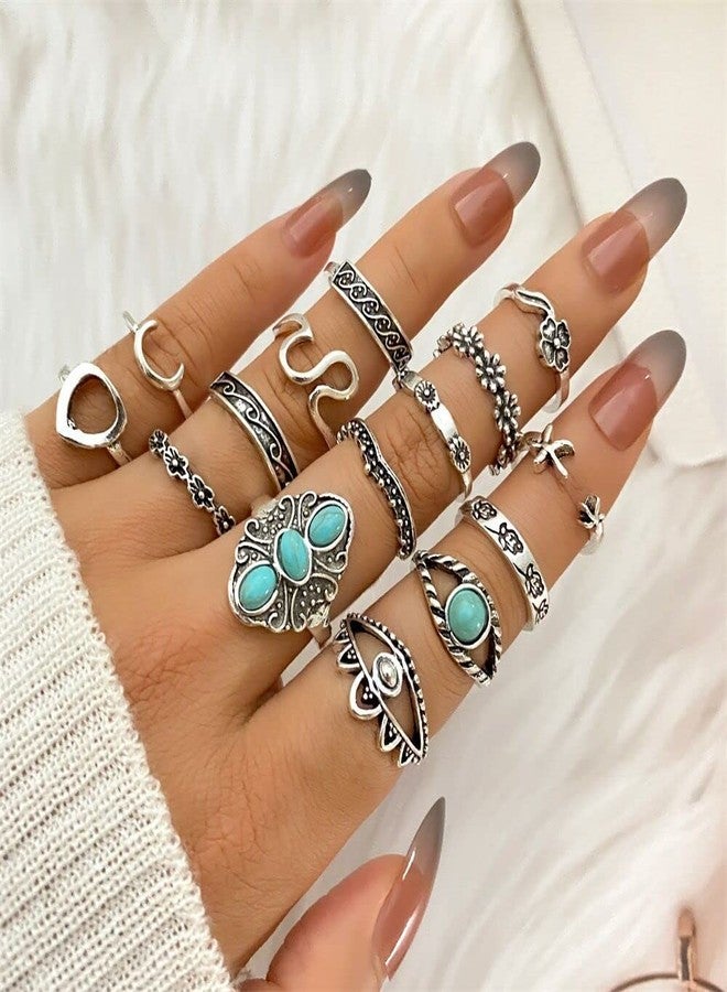 BVGA 40 Pcs Vintage Turquoise Rings for Women Bohemian Silver Oval Gemstone Western Rings Boho Joint Knuckle Midi Stacking Ring Set Gifts - Image 5