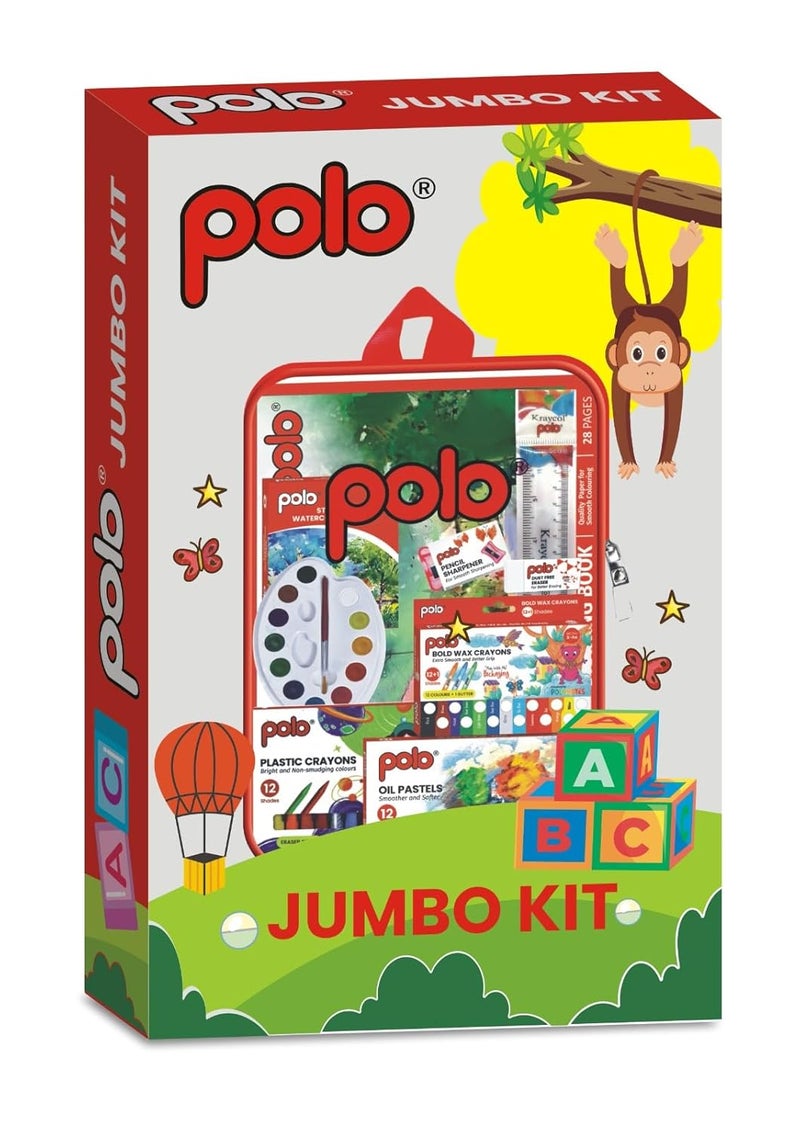 POLO Jumbo Art Kit for Kids – Complete Set with Watercolor Palette, Wax Crayons (12+1 Shades), Oil Pastels, Brushes, Ruler, Pencil, Eraser & Sharpener – Ideal Painting & Drawing Supplies for Kids - Image 1