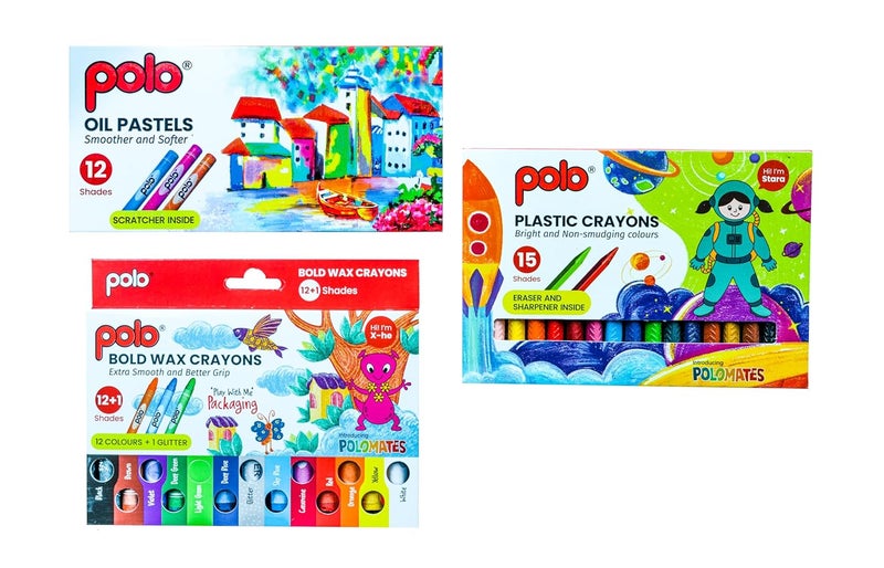 POLO Jumbo Art Kit for Kids – Complete Set with Watercolor Palette, Wax Crayons (12+1 Shades), Oil Pastels, Brushes, Ruler, Pencil, Eraser & Sharpener – Ideal Painting & Drawing Supplies for Kids - Image 3