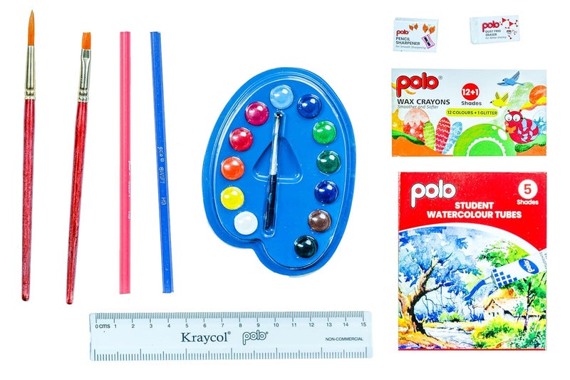 POLO Jumbo Art Kit for Kids – Complete Set with Watercolor Palette, Wax Crayons (12+1 Shades), Oil Pastels, Brushes, Ruler, Pencil, Eraser & Sharpener – Ideal Painting & Drawing Supplies for Kids - Image 4