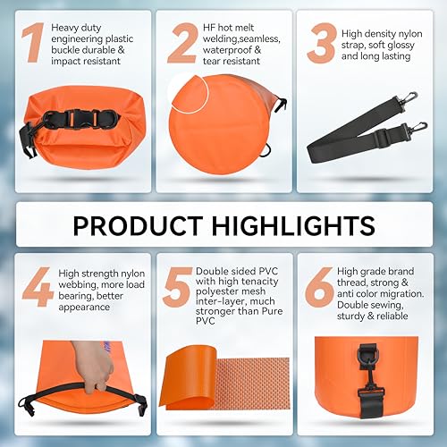 MARCHWAY Floating Waterproof Dry Bag Backpack 5L/10L/20L/30L/40L, Roll Top Sack Keeps Gear Dry for Kayaking, Rafting, Boating, Swimming, Camping, Hiking, Beach, Fishing (Deep Orange, 20L) - Image 5