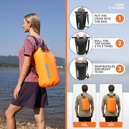 MARCHWAY Floating Waterproof Dry Bag Backpack 5L/10L/20L/30L/40L, Roll Top Sack Keeps Gear Dry for Kayaking, Rafting, Boating, Swimming, Camping, Hiking, Beach, Fishing (Deep Orange, 20L) - Image 4