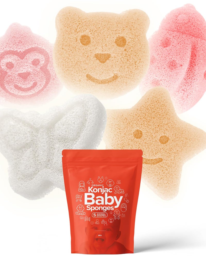 Minamul Konjac Baby Sponge for Bathing | Natural Cute Shapes | Kids Bath sponges for Infants | Toddler Bath time | Safe Organic Plant-Based | 5pcs Set : Bear, Monkey, Butterfly, Ladybug, Star - Image 1