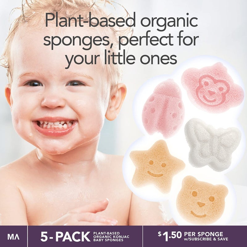 Minamul Konjac Baby Sponge for Bathing | Natural Cute Shapes | Kids Bath sponges for Infants | Toddler Bath time | Safe Organic Plant-Based | 5pcs Set : Bear, Monkey, Butterfly, Ladybug, Star - Image 2