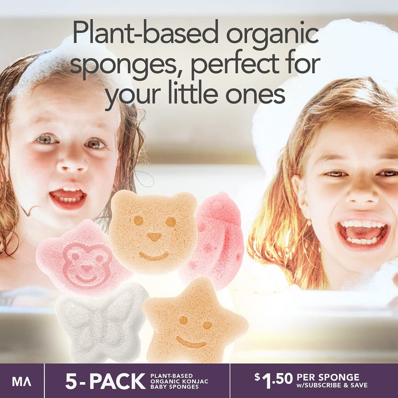 Minamul Konjac Baby Sponge for Bathing | Natural Cute Shapes | Kids Bath sponges for Infants | Toddler Bath time | Safe Organic Plant-Based | 5pcs Set : Bear, Monkey, Butterfly, Ladybug, Star - Image 3