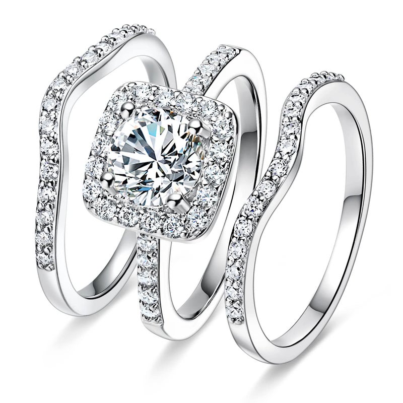 MDFUN 18K White Gold Plated Cubic Zirconia Three-in-One Halo Wedding Engagement Promise Eternity Ring for Women (7) - Image 1