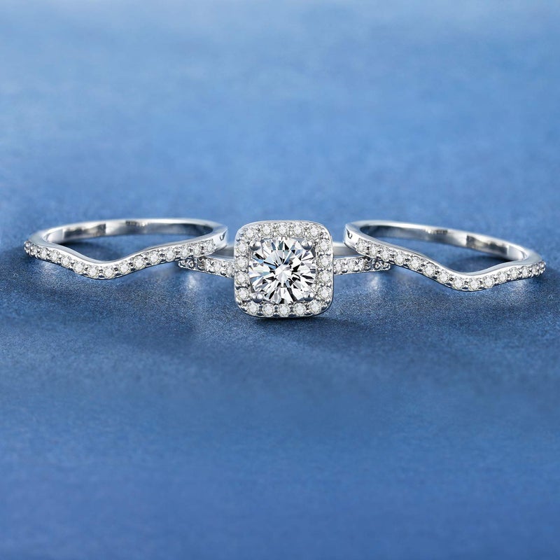 MDFUN 18K White Gold Plated Cubic Zirconia Three-in-One Halo Wedding Engagement Promise Eternity Ring for Women (7) - Image 4