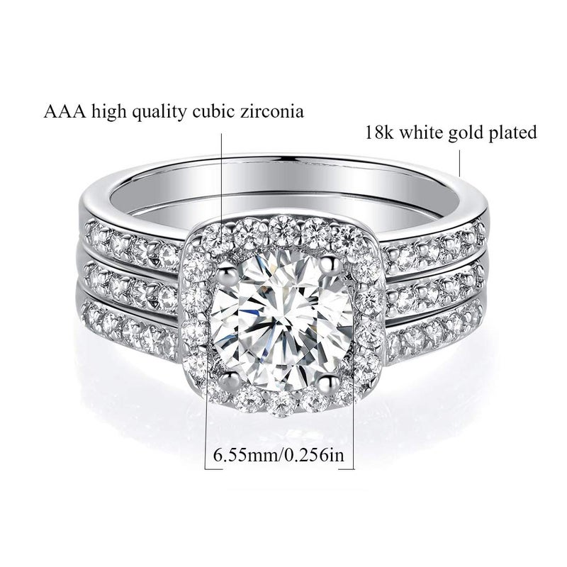 MDFUN 18K White Gold Plated Cubic Zirconia Three-in-One Halo Wedding Engagement Promise Eternity Ring for Women (7) - Image 2