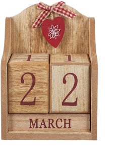 Generic Wooden Blocks Calendar Vintage Wooden Desk Calendar Decorative Red Heart Office Blocks Calendar Rustic Desk Wooden Calendar for Home Office Use  - Image 1