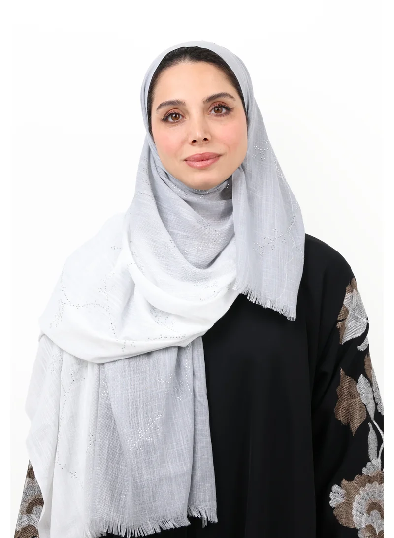 Jameela Premium Embellished Slub Cotton Scarf with Vine Crystal Strass (Silver Grey)