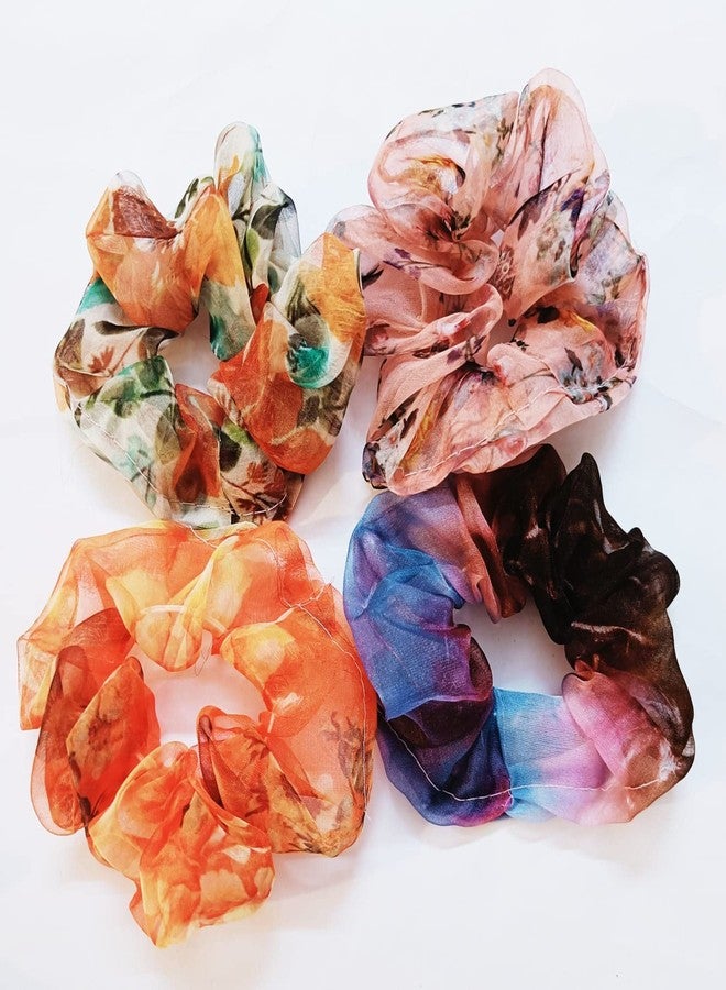 IBDA Pack of 04 Floral ORGANZA Colorful Elastic Hair Bands Organza Hair Scrunchies for Women Ponytail Holder - Image 4