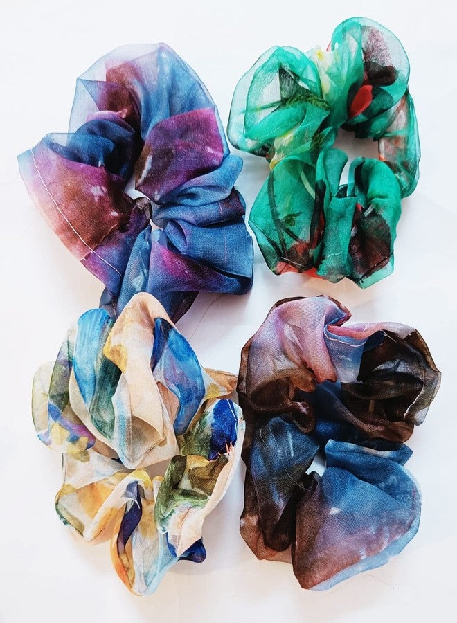 IBDA Pack of 04 Floral ORGANZA Colorful Elastic Hair Bands Organza Hair Scrunchies for Women Ponytail Holder - Image 2