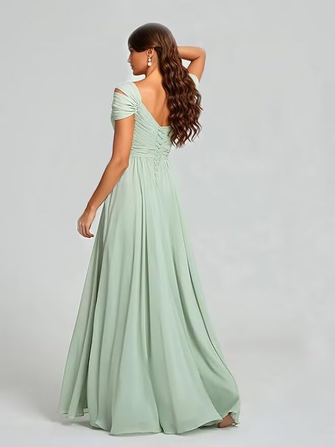 FoinLuve Off Shoulder Chiffon Bridesmaid Dresses for Women Long Ruched with Slit A Line Prom Formal Evening Dress Dusty Blue 02 - Image 2