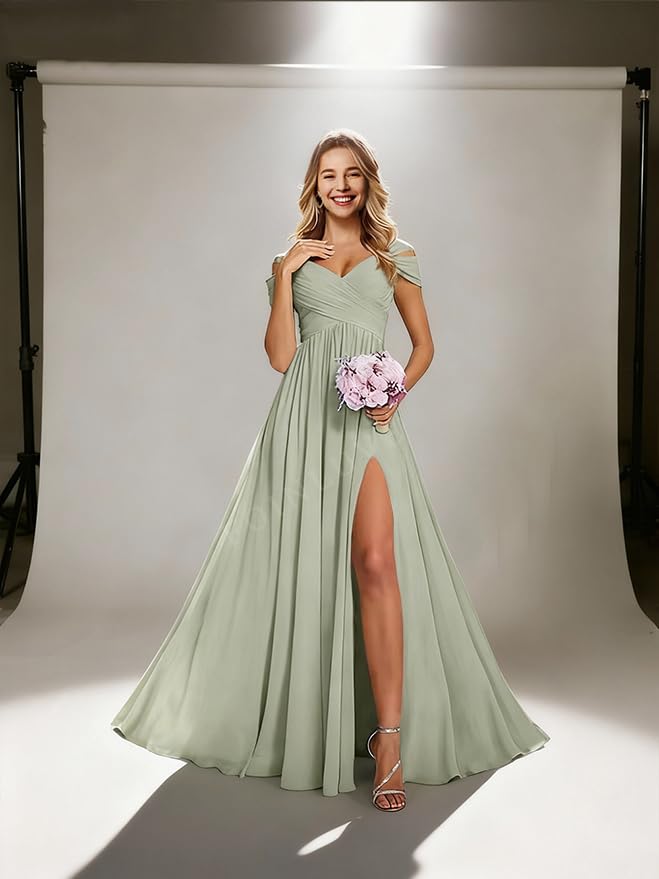 FoinLuve Off Shoulder Chiffon Bridesmaid Dresses for Women Long Ruched with Slit A Line Prom Formal Evening Dress Dusty Blue 02 - Image 3