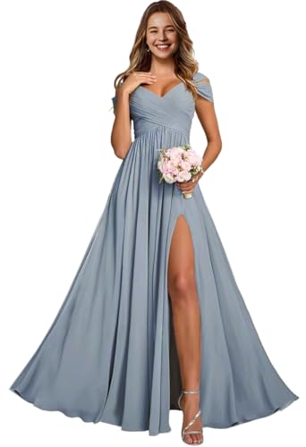 FoinLuve Off Shoulder Chiffon Bridesmaid Dresses for Women Long Ruched with Slit A Line Prom Formal Evening Dress Dusty Blue 02 - Image 1