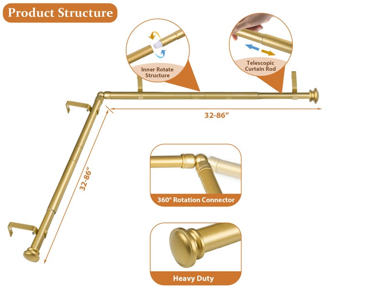 TONIAL Corner Curtain Rods, 32-86 Inch Center Rod for window, 20-82 Inch Side Rod for windows 3/4 Inch Decorative Drapery Rods with Small Cap Finial, Gold - Image 4