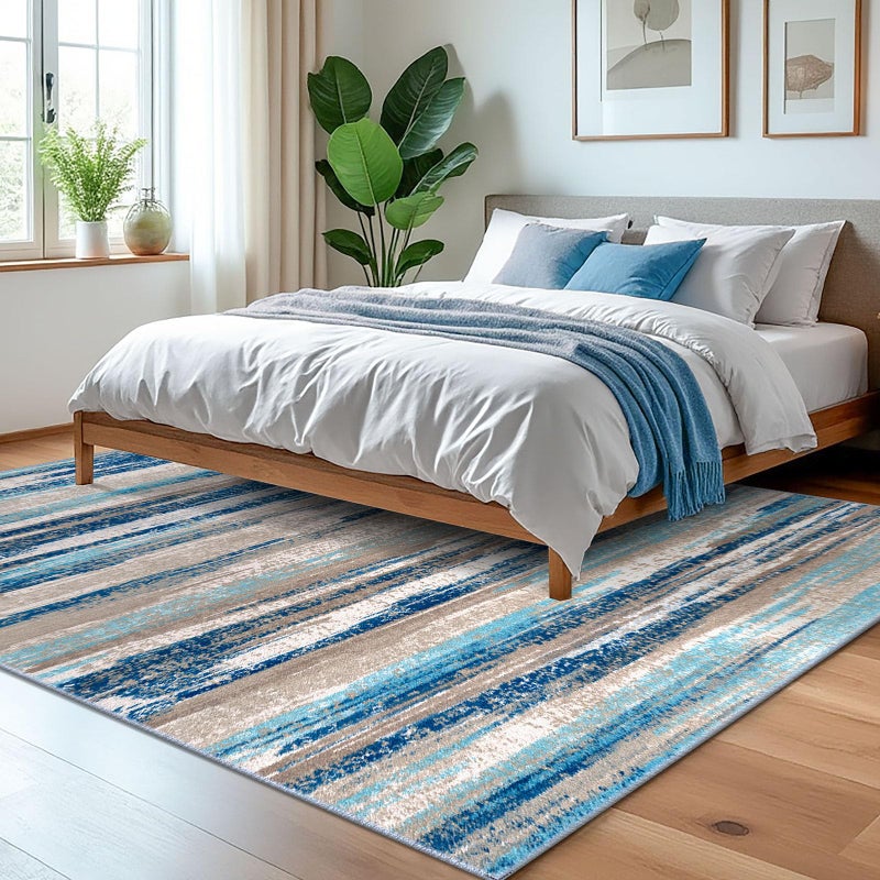 Lansny Modern Abstract 5x7 Machine Washable Area Rug Non-Slip Soft Bedroom Living Romm Rug Blue Ultra Thin Print Faux Wool Floor Carpet Throw Rugs for Nursery Playroom Dining Room Indoor Office - Image 2
