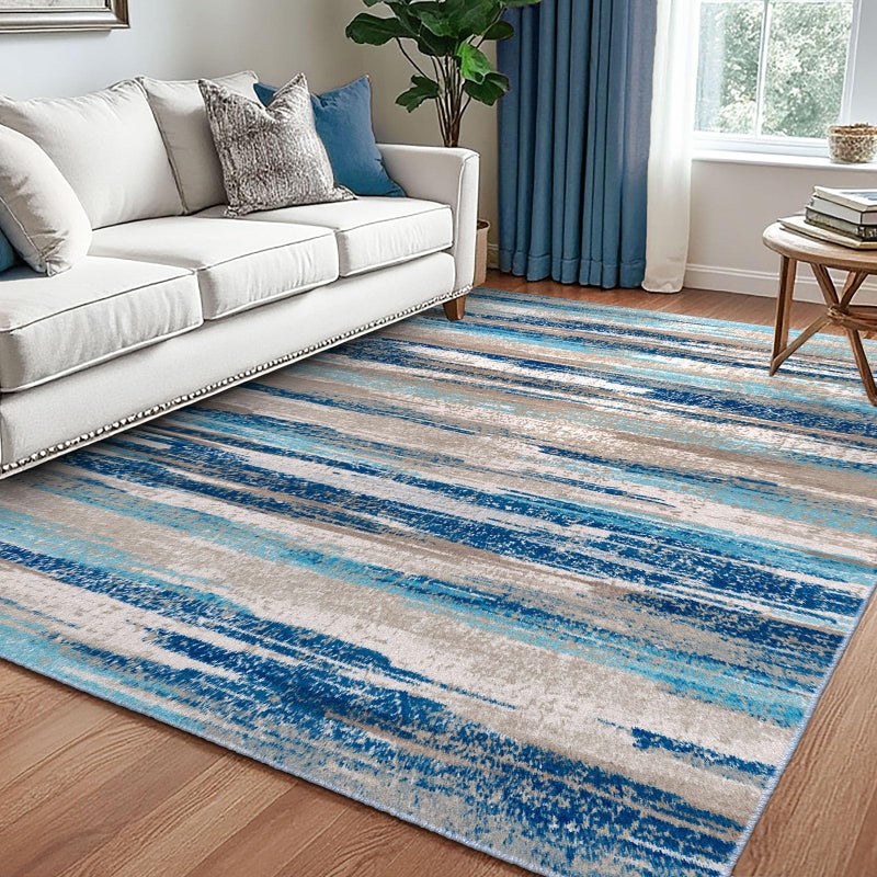 Lansny Modern Abstract 5x7 Machine Washable Area Rug Non-Slip Soft Bedroom Living Romm Rug Blue Ultra Thin Print Faux Wool Floor Carpet Throw Rugs for Nursery Playroom Dining Room Indoor Office - Image 1