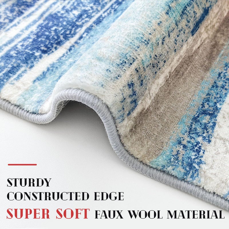 Lansny Modern Abstract 5x7 Machine Washable Area Rug Non-Slip Soft Bedroom Living Romm Rug Blue Ultra Thin Print Faux Wool Floor Carpet Throw Rugs for Nursery Playroom Dining Room Indoor Office - Image 5