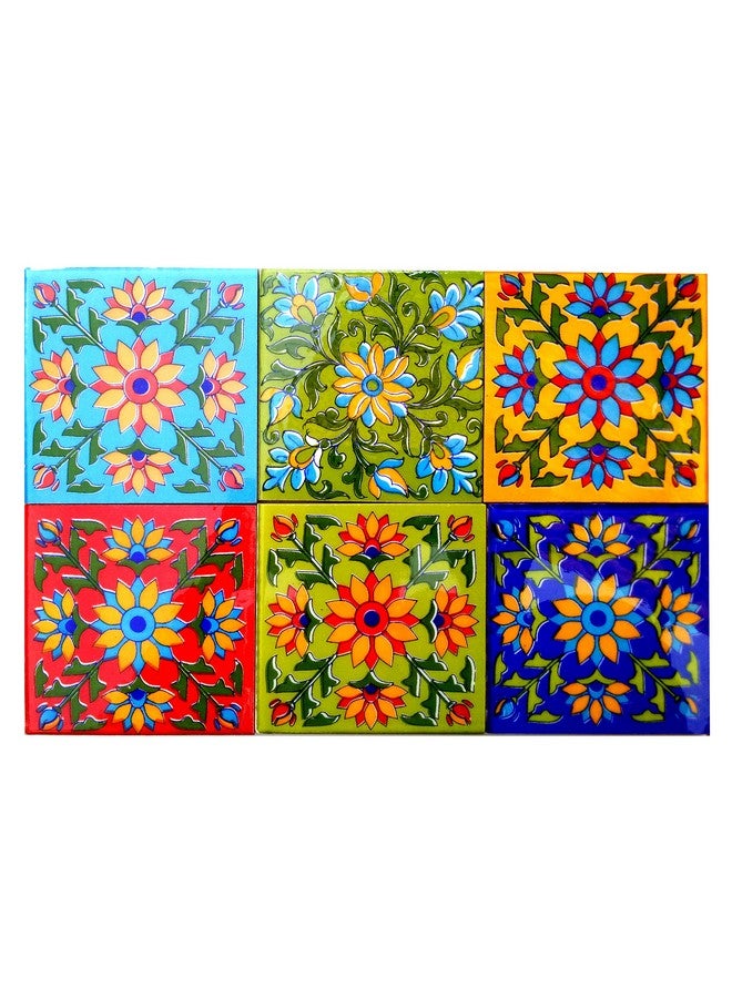 Shiv Kripa Blue Pottery Home Decorative Ceramic Tiles Backsplash Mural Panel for Kitchen Washroom Mosaic 4 x 4 Inch Pack of 6 (Multi) - Image 1
