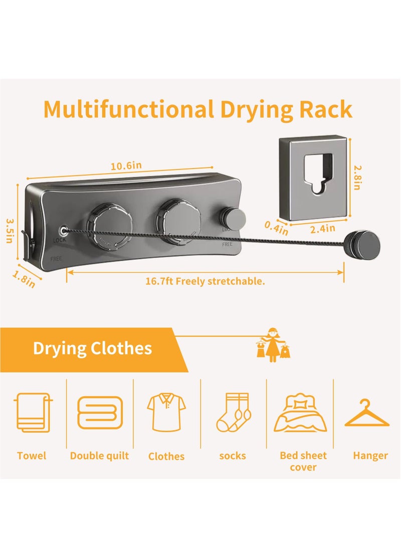 Retractable Clothesline Outdoor, 5.1M Wall Mounted Drying Rack Clothesline Indoor, Stainless Steel Wire Double Clothes Lines, Hanging Clothes line for Balcony, Bathroom, Courtyards, Laundry Rooms - Image 2