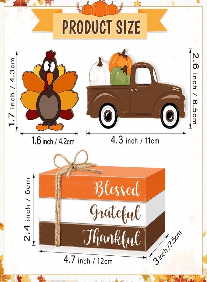 CIOEY Thanksgiving Wooden Table Signs Decorations, Turkey Wooden Blocks Table Decor, Blessed Grateful Thankful Pumpkin Truck Harvest Autumn Fall Decorative Signs for Home Tiered Tray Shelf Faux Books Stack - Image 2