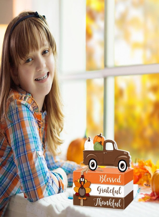 CIOEY Thanksgiving Wooden Table Signs Decorations, Turkey Wooden Blocks Table Decor, Blessed Grateful Thankful Pumpkin Truck Harvest Autumn Fall Decorative Signs for Home Tiered Tray Shelf Faux Books Stack - Image 4