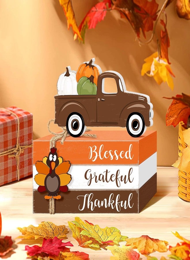 CIOEY Thanksgiving Wooden Table Signs Decorations, Turkey Wooden Blocks Table Decor, Blessed Grateful Thankful Pumpkin Truck Harvest Autumn Fall Decorative Signs for Home Tiered Tray Shelf Faux Books Stack - Image 3