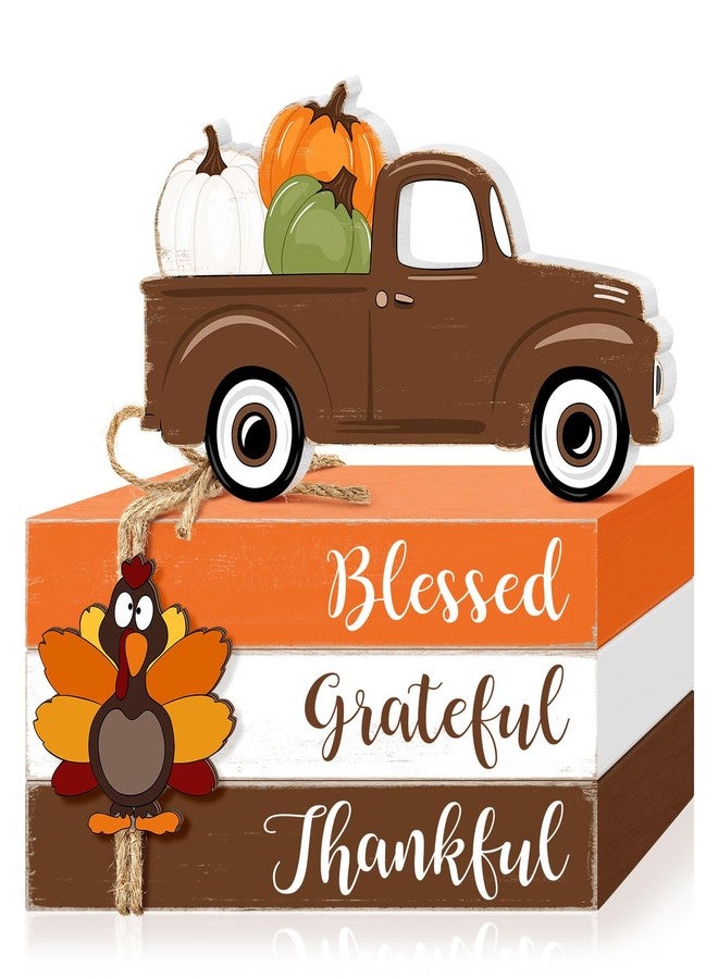 CIOEY Thanksgiving Wooden Table Signs Decorations, Turkey Wooden Blocks Table Decor, Blessed Grateful Thankful Pumpkin Truck Harvest Autumn Fall Decorative Signs for Home Tiered Tray Shelf Faux Books Stack - Image 1