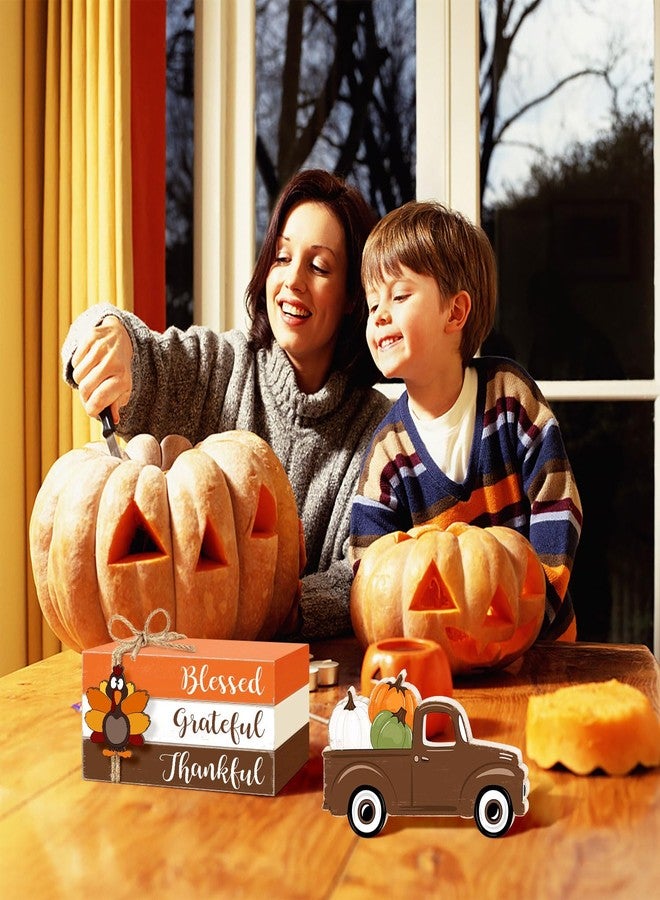 CIOEY Thanksgiving Wooden Table Signs Decorations, Turkey Wooden Blocks Table Decor, Blessed Grateful Thankful Pumpkin Truck Harvest Autumn Fall Decorative Signs for Home Tiered Tray Shelf Faux Books Stack - Image 5