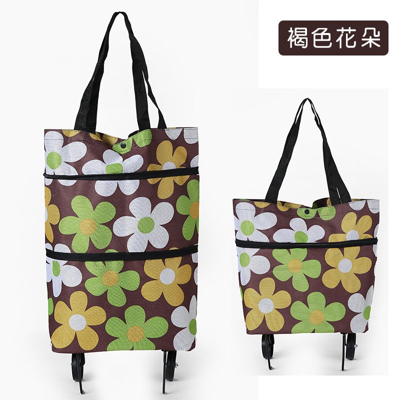 Foldable Trolley Shopping Cart with Handbag Brown Flower 