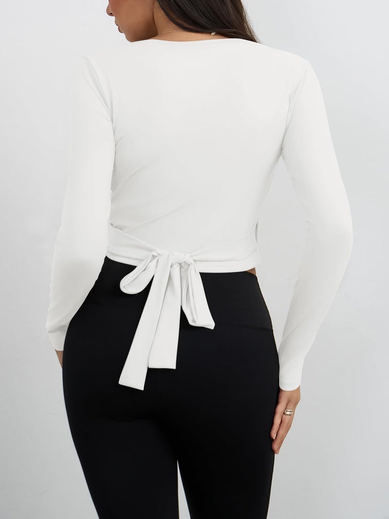 Yousify Womens Wrap Tie Tops Y2k Long Sleeve Ballet Pilates Yoga Workout Wrap Shirts Deep V Neck Casual Tops White - Image 3