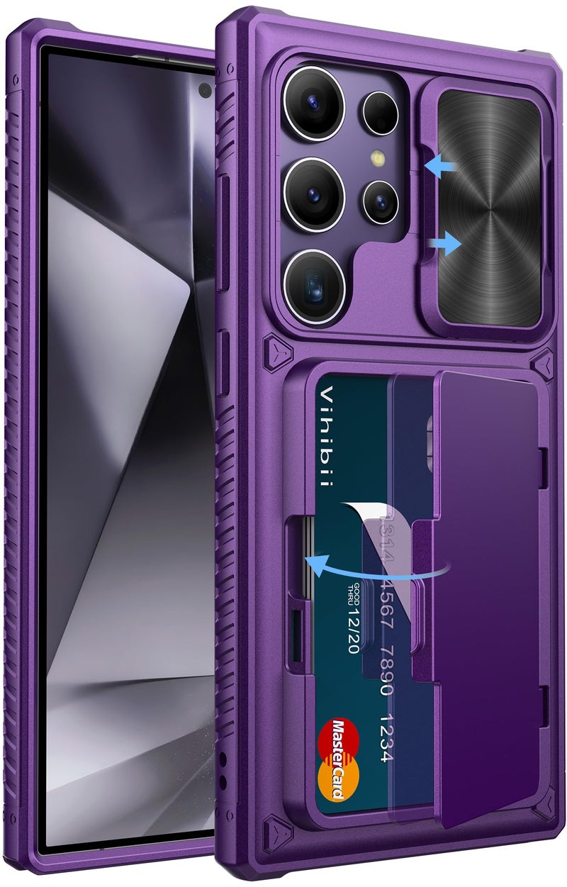 Vihibii for Samsung Galaxy S24 Ultra Case with Card Holder (4 Cards) & Slide Camera Cover & Kickstand, Shockproof Rugged Hard Back & TPU Soft Edge Wallet Case for Galaxy S24 Ultra (Dark Purple) - Image 1