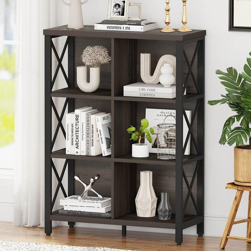 FATORRI 6 Cube Storage Organizer Shelf Rustic Wood and Metal Cubby Bookcase Industrial 4 Tier Cube Bookshelf Walnut Brown