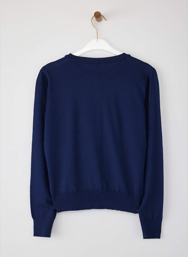 trendyol Wardrobe Essentials Navy Blue Mercerized Look Crew Neck Knitwear Cardigan | - Image 5