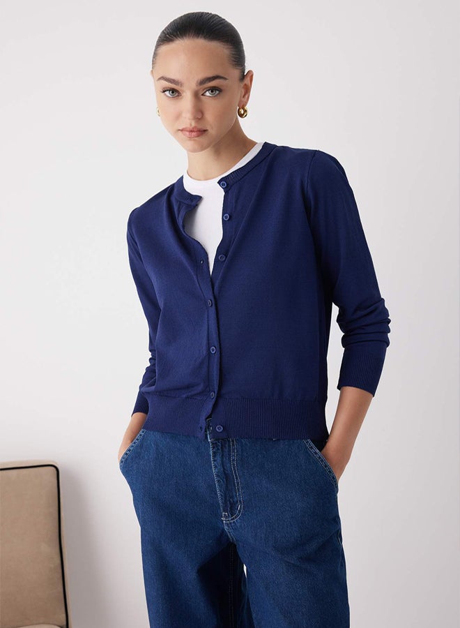 trendyol Wardrobe Essentials Navy Blue Mercerized Look Crew Neck Knitwear Cardigan | - Image 2