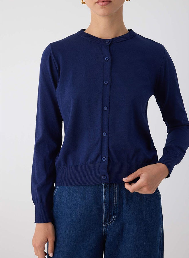 trendyol Wardrobe Essentials Navy Blue Mercerized Look Crew Neck Knitwear Cardigan | - Image 3