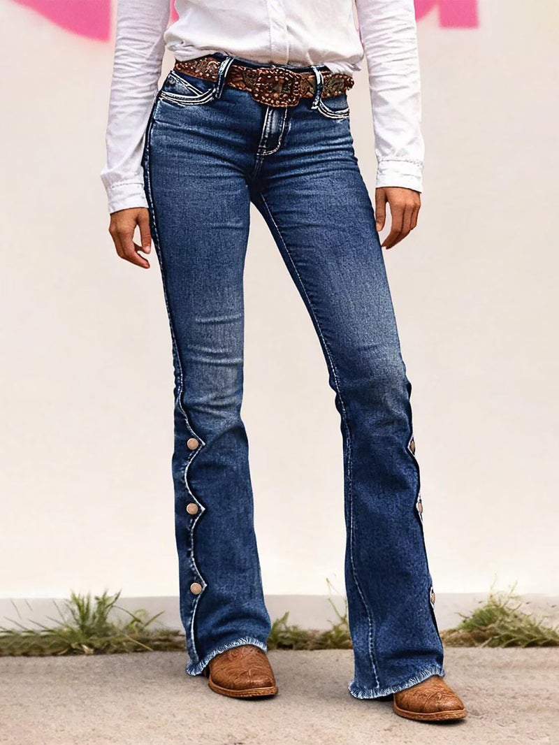 Flamingals Women's Buttoned Hem Bootcut Jeans Without Belt Mid Waist Casual Pants Sky Navy Blue L - Image 2