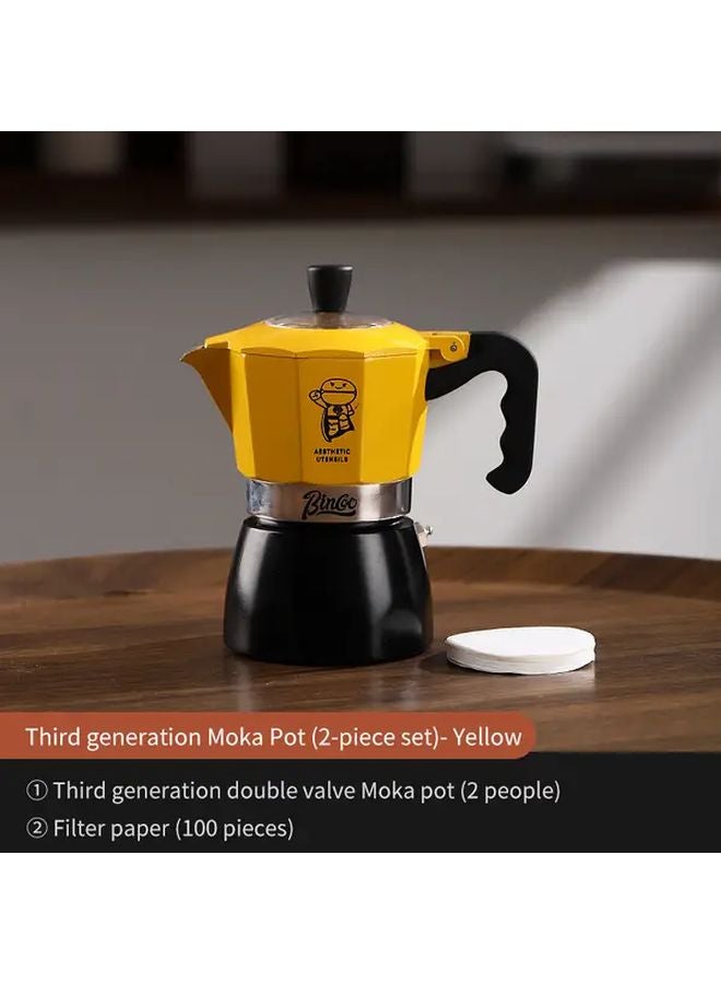 Yellow Black Dual Valve Moka Pot 2cup Set With 100pcs Filter Paper - Image 1