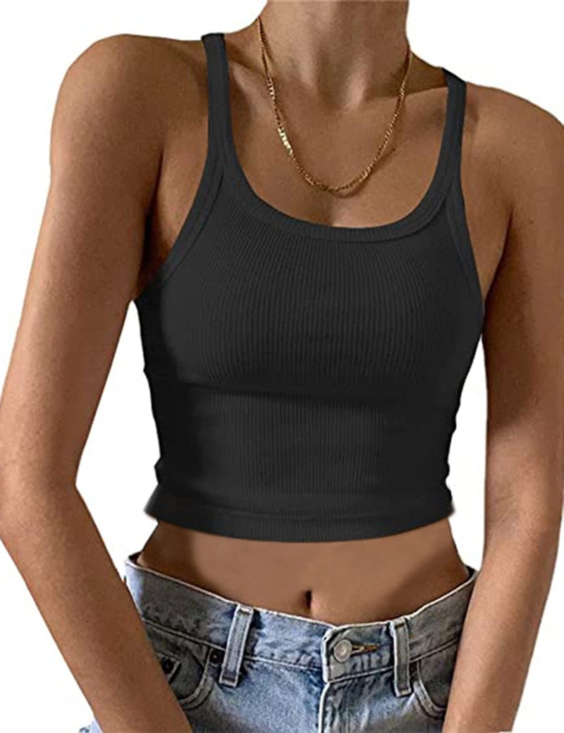 KAMISSY Women's Sleeveless Crop Tank Top Slim Fit Scoop Neck Ribbed Knit Basic Crop Cami Shirts Tops Black - Image 1
